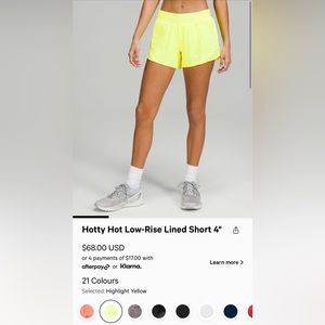 hottie hot low rise lined shorts 4 inch size 2 from Lululemon in bright yellow!